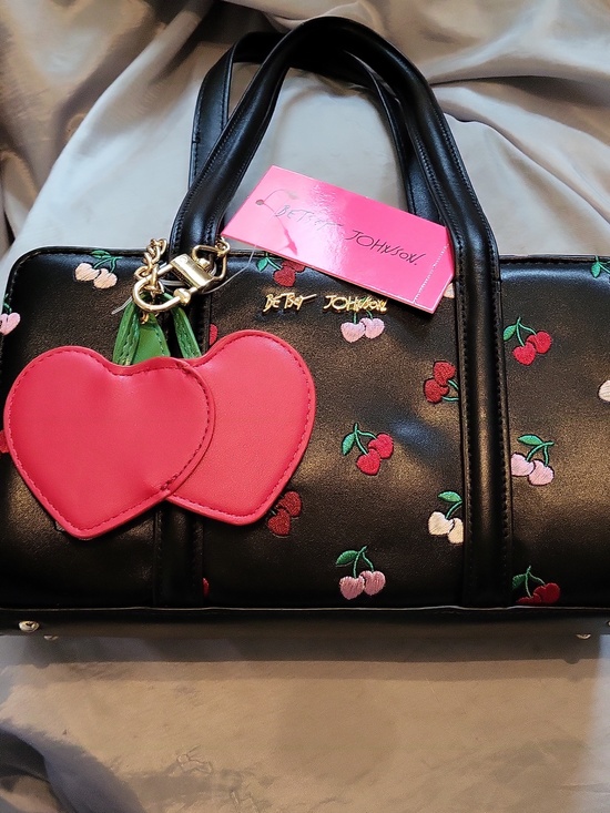 Betsey Johnson Handbags - Betsey JOHNSON black Cherry Stitched Print Satchel with Red Cherry Heart Charmhm
